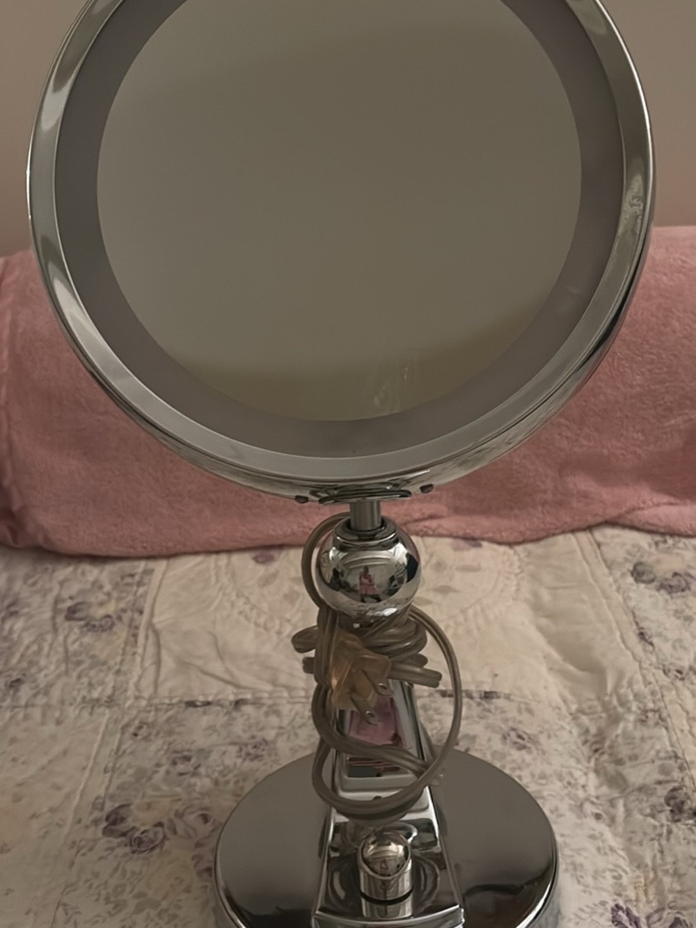 Polished Silver Double-Sided Vanity Mirror with Swivel Stand . 18 “ tall 6” base